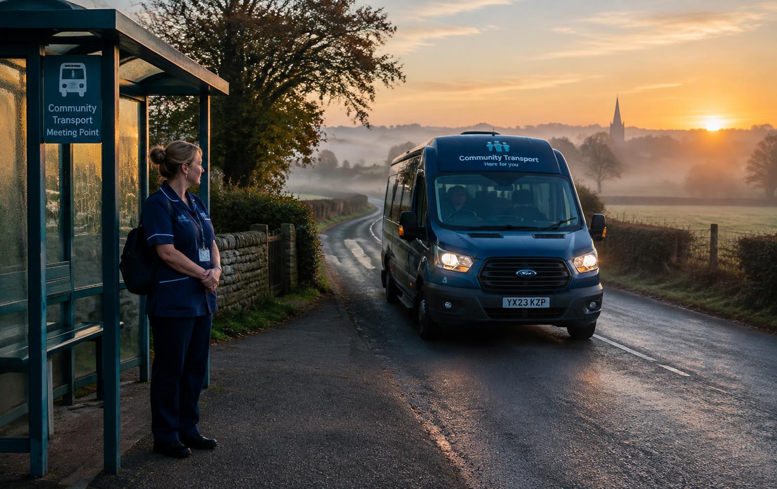 Care worker waiting at a rural meeting point as a minibus arrives at dawn